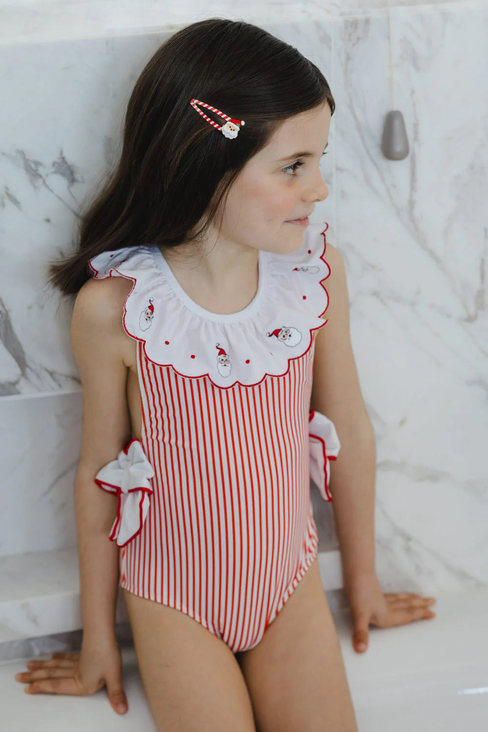 Sal & Pimenta Girls Holiday Red Stripe Santa One Piece Swimsuit