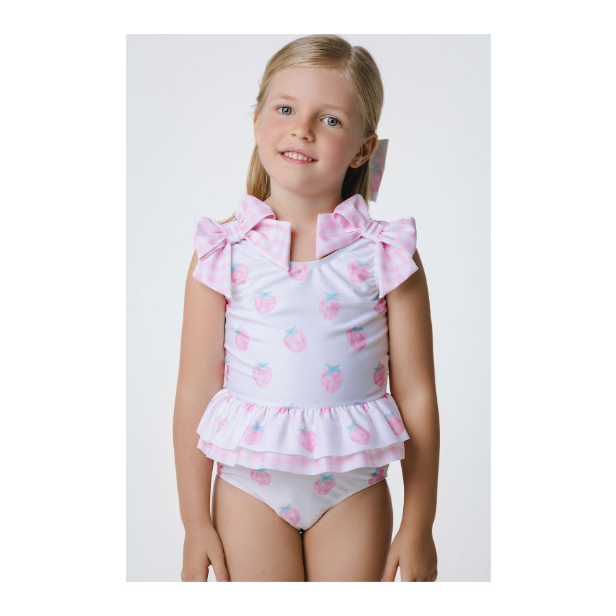 Sal & Pimenta Girls Pink Strawberries Swimsuit - Check Bows at Shoulders & Back