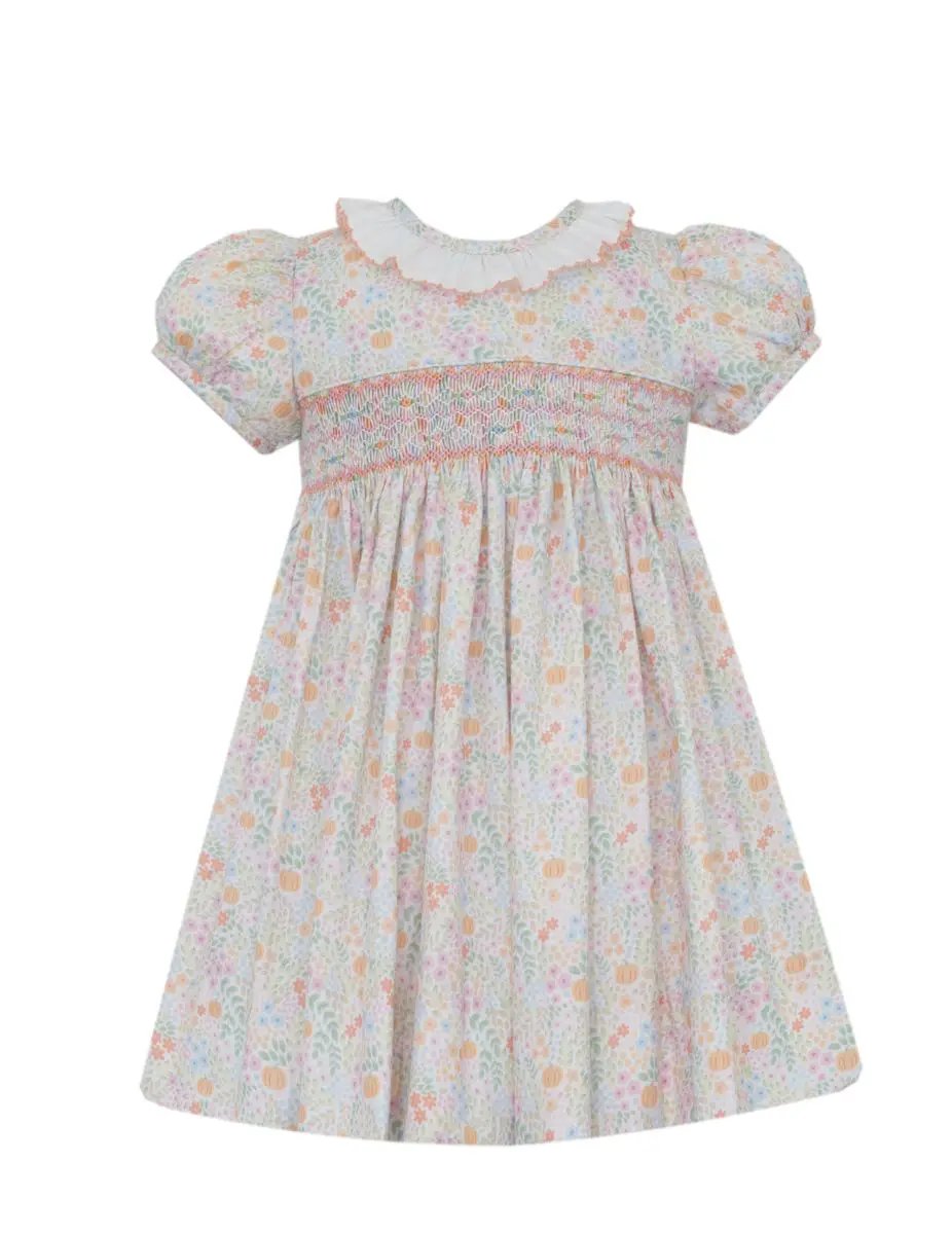 Petit Bebe Girls Orange & Pink Pumpkins Print Smocked Dress - Ruffle Collar by Petit Bebe