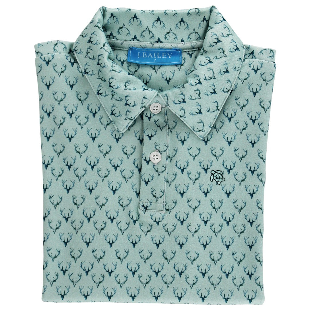 J. Bailey Boys Performance Polo Shirt - Short Sleeves - Antlers on Green