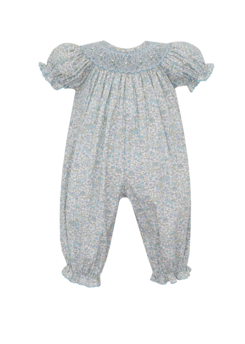 Petit Bebe Baby Girls Blue LIberty Floral Smocked Bishop Romper by Petit Bebe