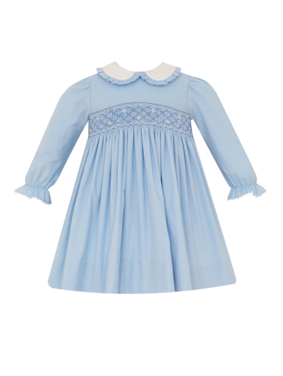 Petit Bebe Girls Light Blue Corduroy Smocked Dress with Collar - Long Sleeves