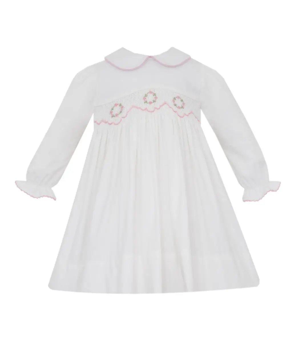 Petit Bebe Girls Winter White Corduroy Dress - Smocked in Pink by Petit Bebe
