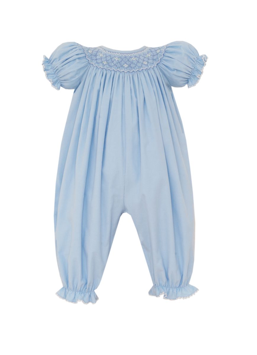 Petit Bebe Baby Girls Light Blue Corduroy Smocked Romper