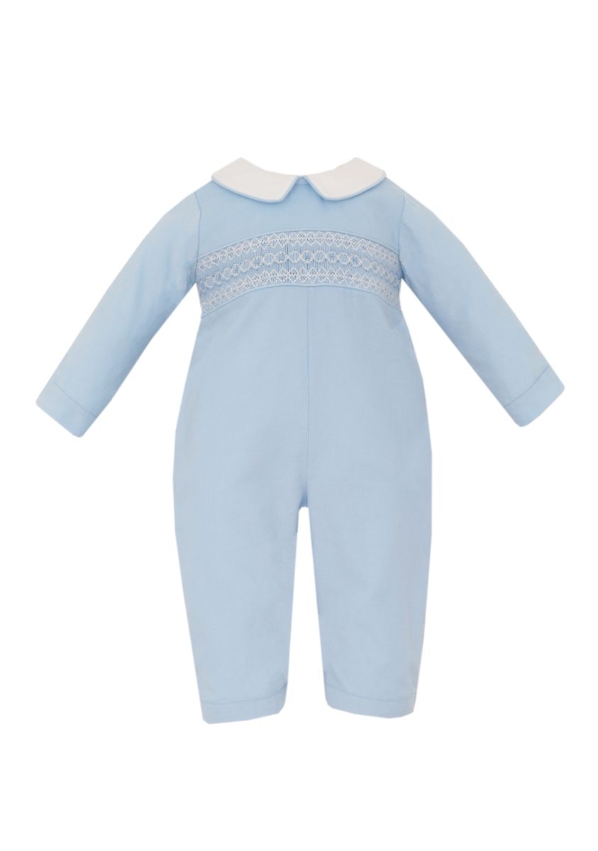 Petit Bebe Baby Boys Light Blue Corduroy Smocked Romper with Collar
