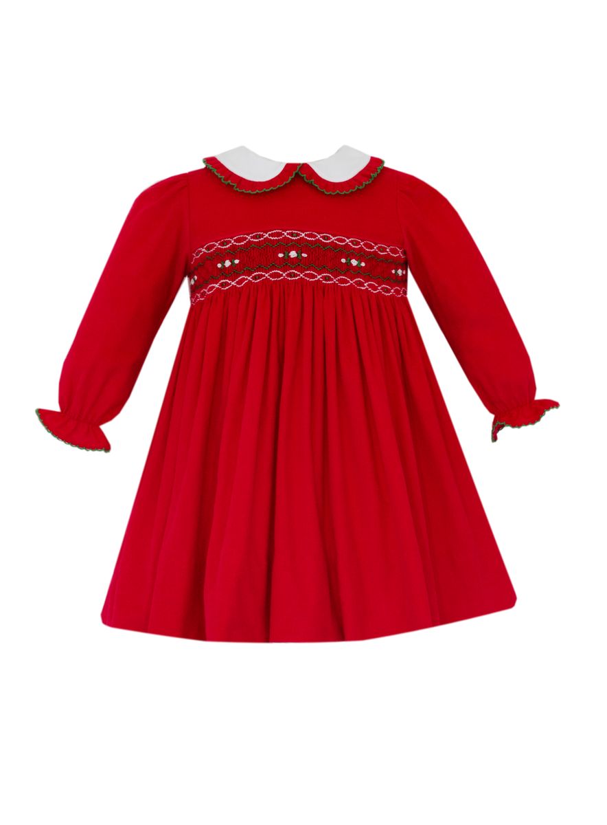 Petit Bebe Girls Red Corduroy Smocked Dress - Fancy Collar - Long Sleeves by Petit Bebe
