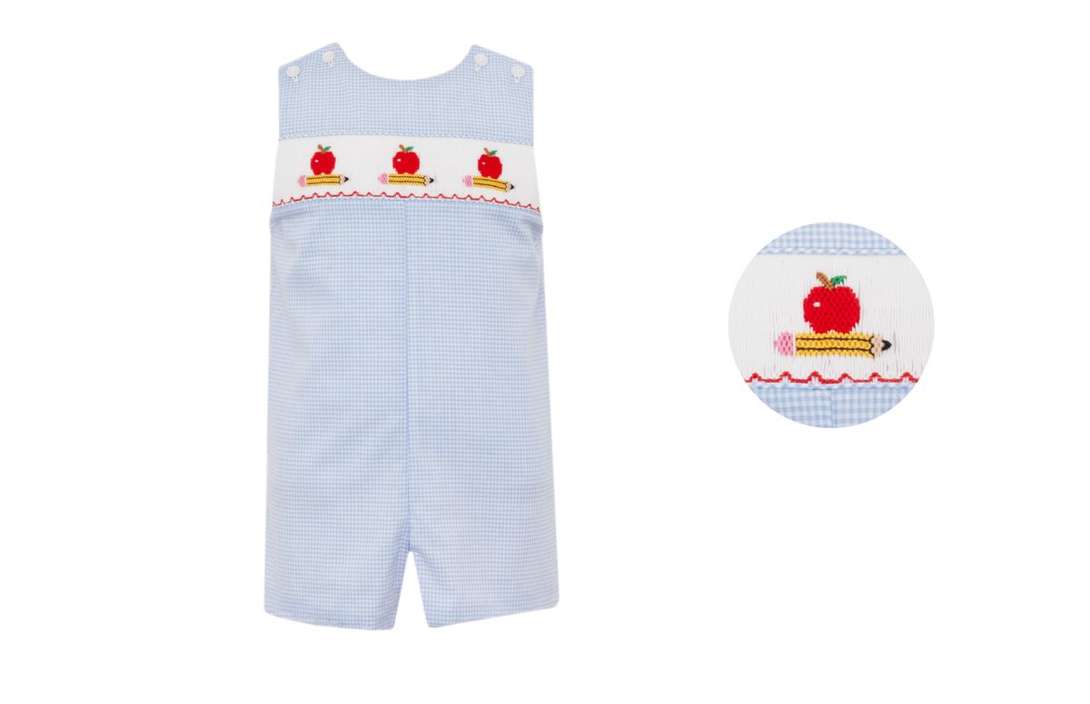 Petit Bebe Toddler Boys Blue Gingham Smocked Apples & Pencils Jon Jon