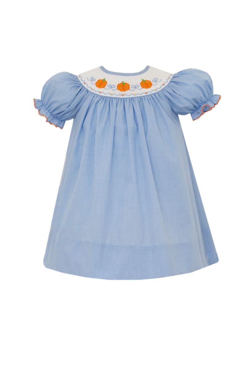 Petit Bebe Girls Blue Check Smocked Pumpkins Bishop Dress 6M