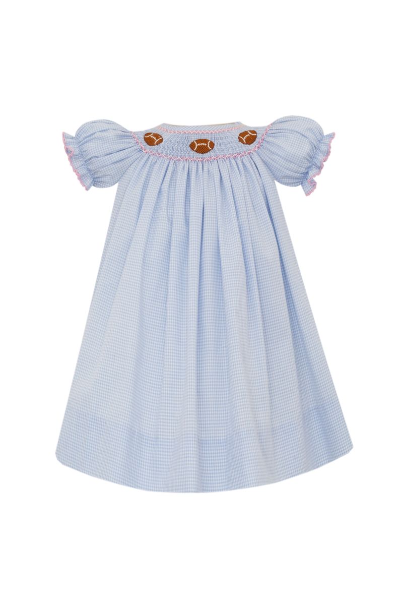 Petit Bebe Girls Blue Gingham Smocked Footballs Bishop Dress 24M
