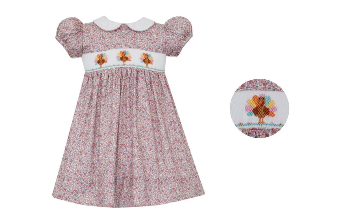 Petit Bebe Girls Pink Floral Smocked Turkeys Dress