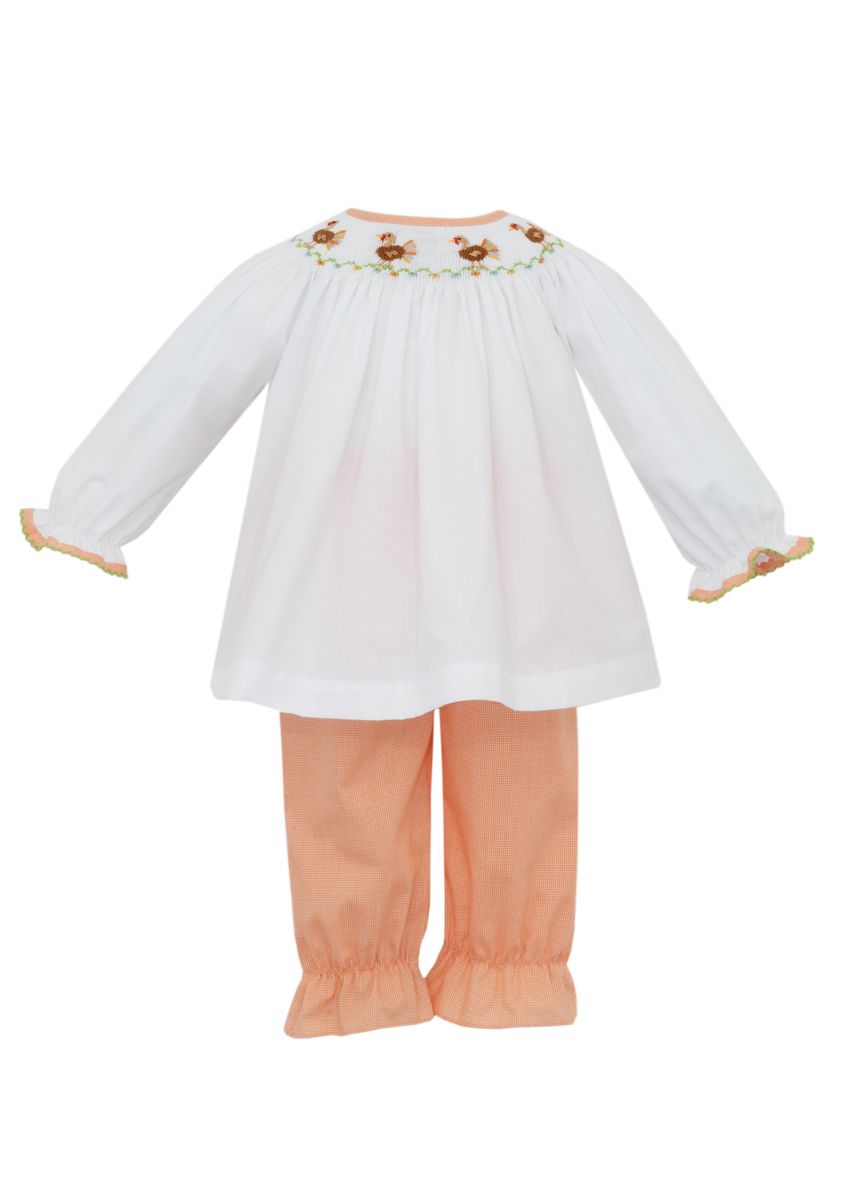 Petit Bebe Toddler Girls Orange Check Ruffle Pants with Smocked Turkeys Top by Petit Bebe