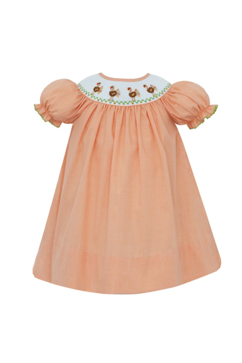 Petit Bebe Girls Orange Microcheck Bishop Dress with Smocked Turkeys