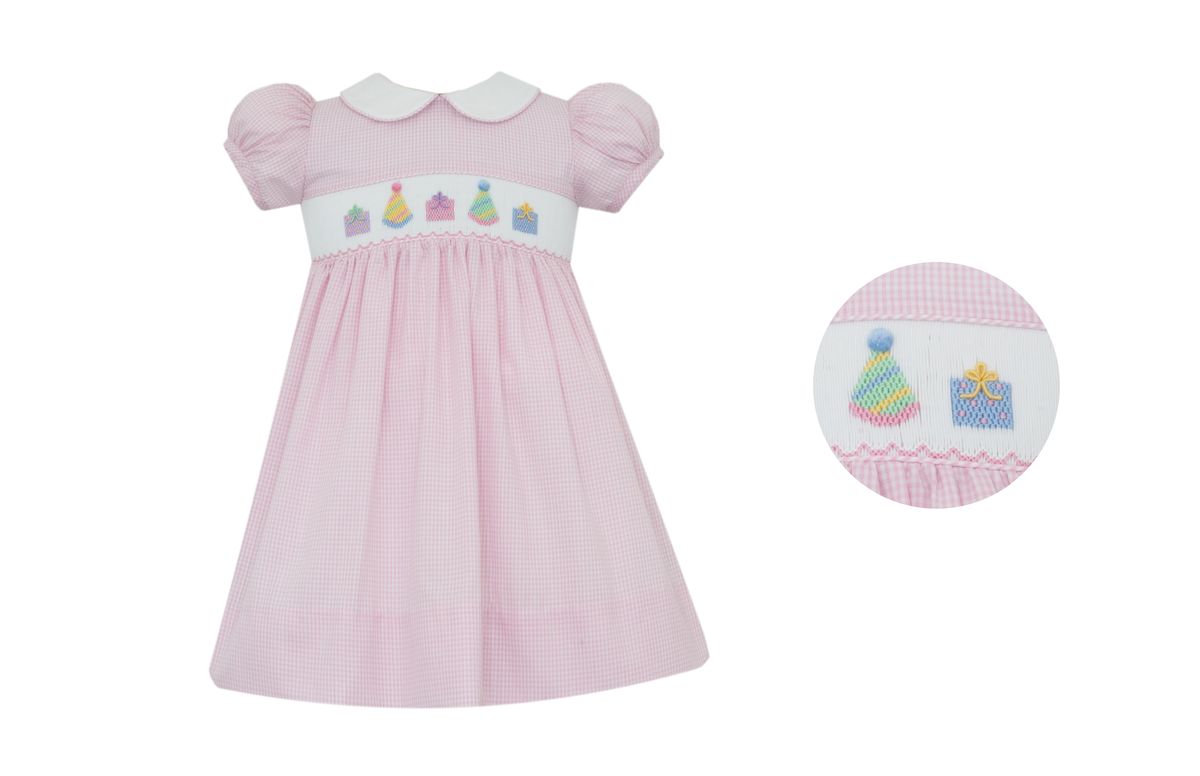 Petit Bebe Girls Pink Gingham Smocked Birthday Dress 24M