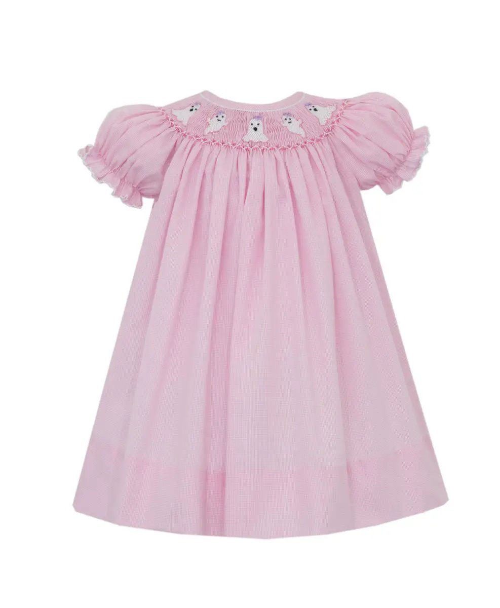 Petit Bebe Girls Pink Check Smocked Halloween Ghosts Bishop Dress