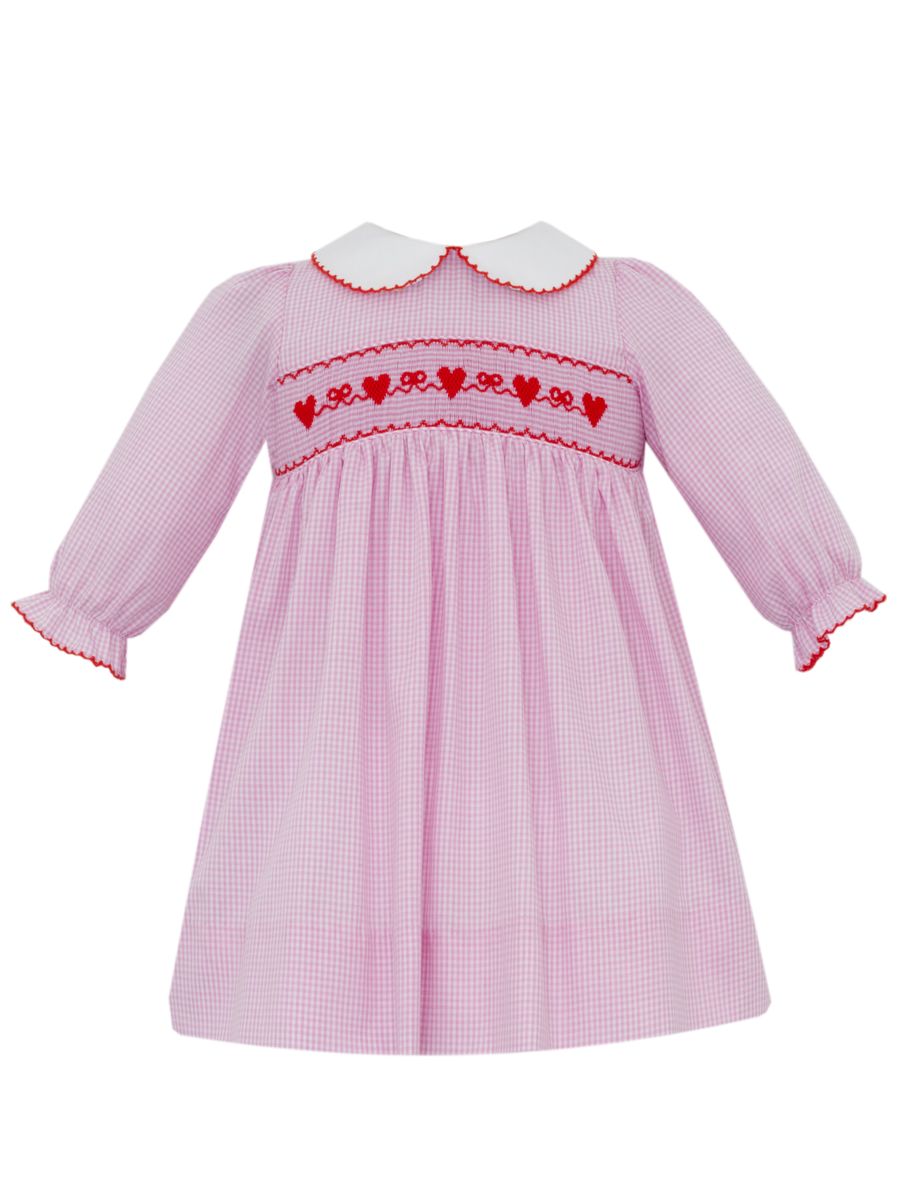 Petit Bebe Girls Pink Gingham Smocked Valentines Hearts Dress with Collar - Long Sleeves