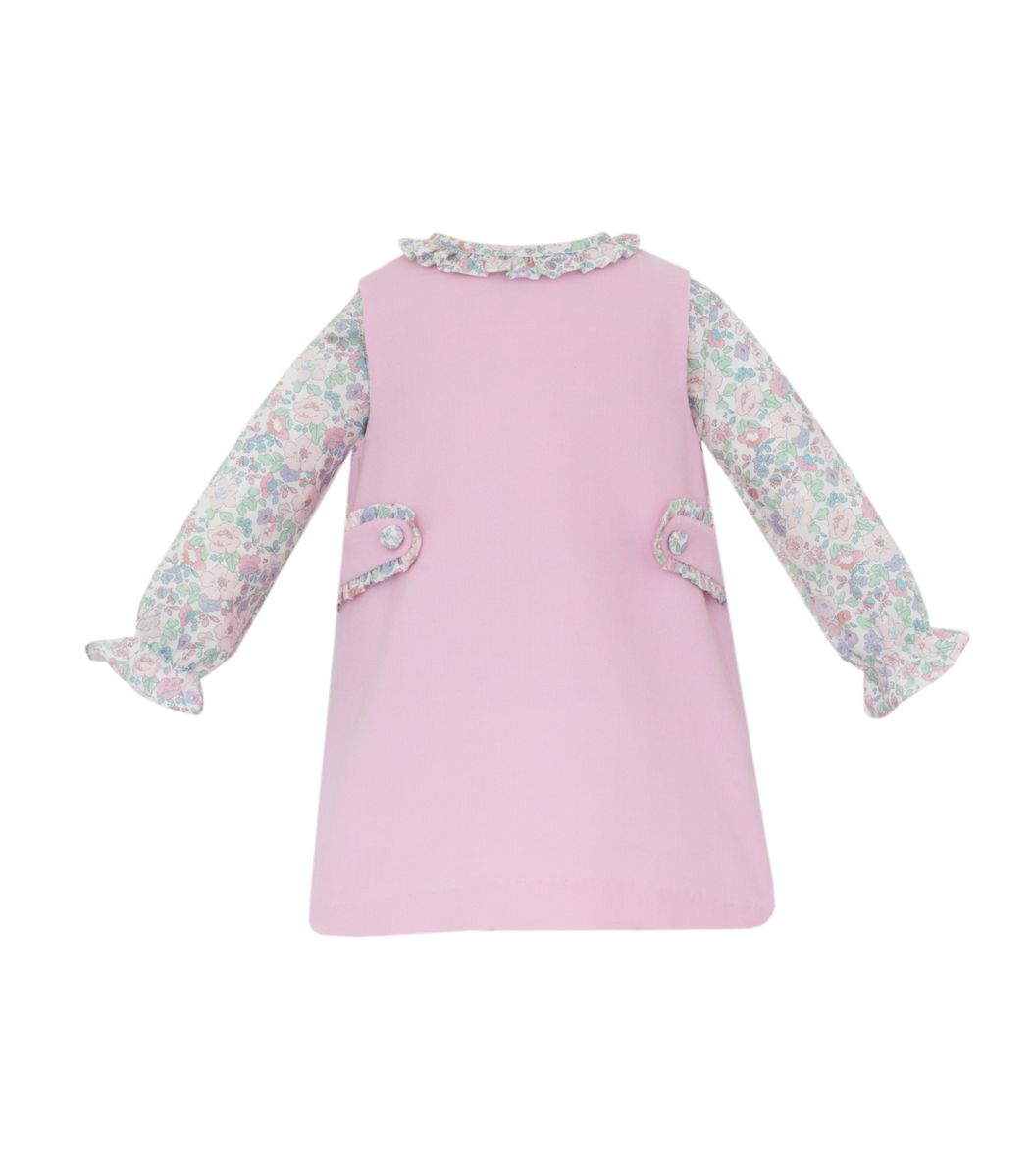Petit Bebe Girls Pink Corduroy Jumper Dress With Floral Blouse Petit Bebe Girls Pink Corduroy Jumper Dress With Floral Blouse