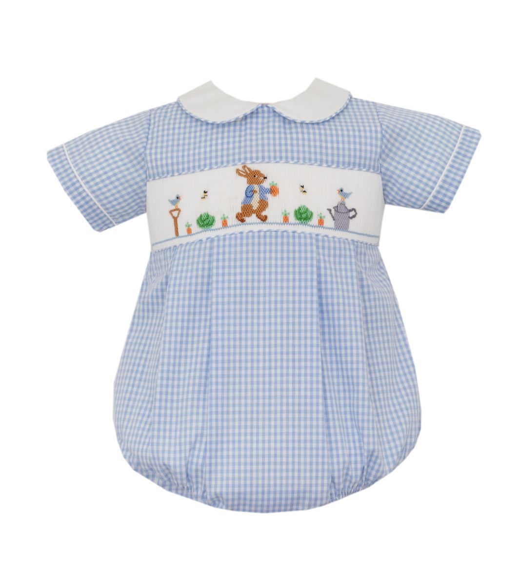 Anavini Baby Boys Blue Gingham Smocked Peter Rabbit Bubble by Anavini