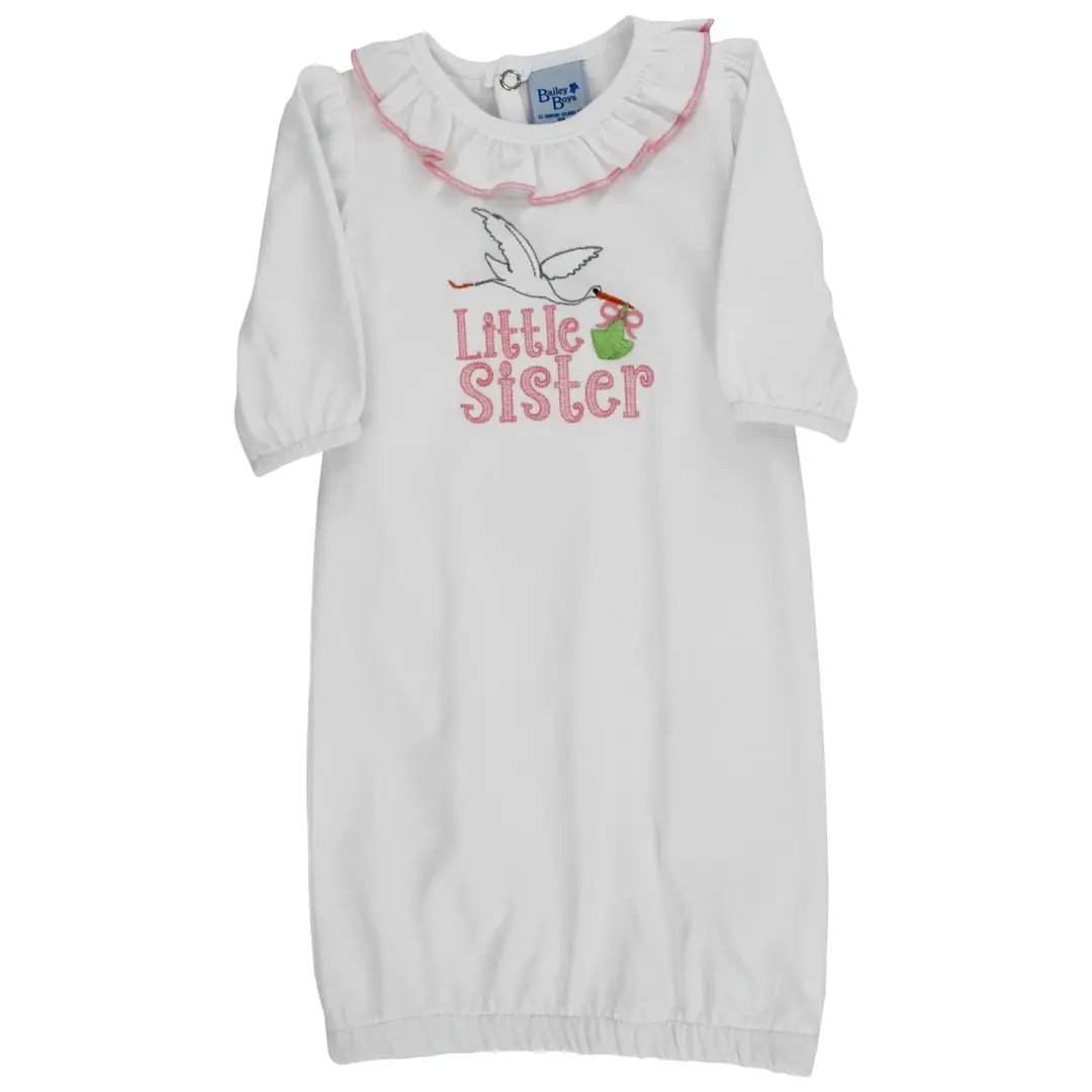Bailey Boys Girls White Newborn Gown - Pink Little Sister Stork
