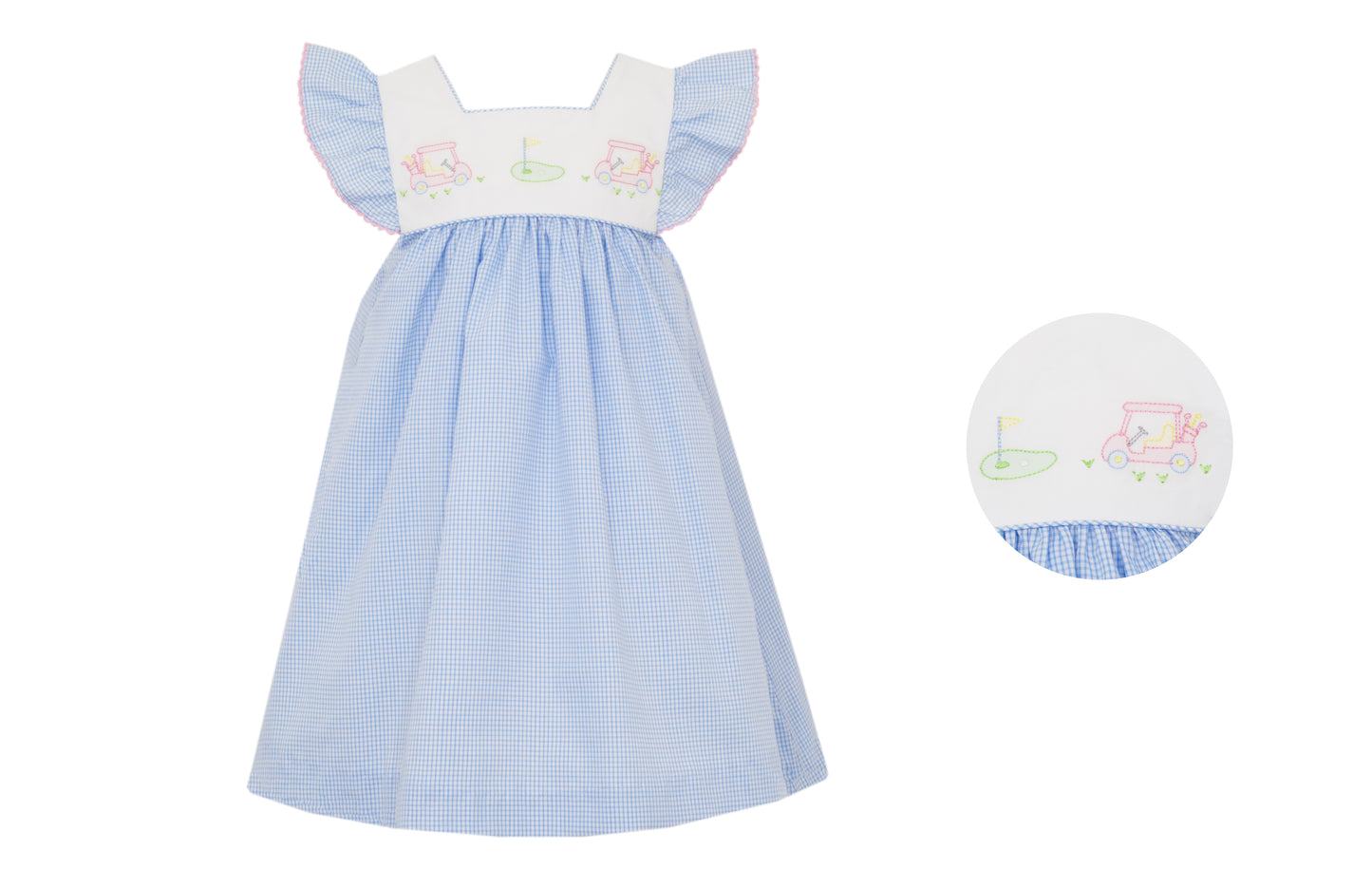 Anavini Girls Blue Check Dress - Flutter Sleeves - Embroidery Golf Theme