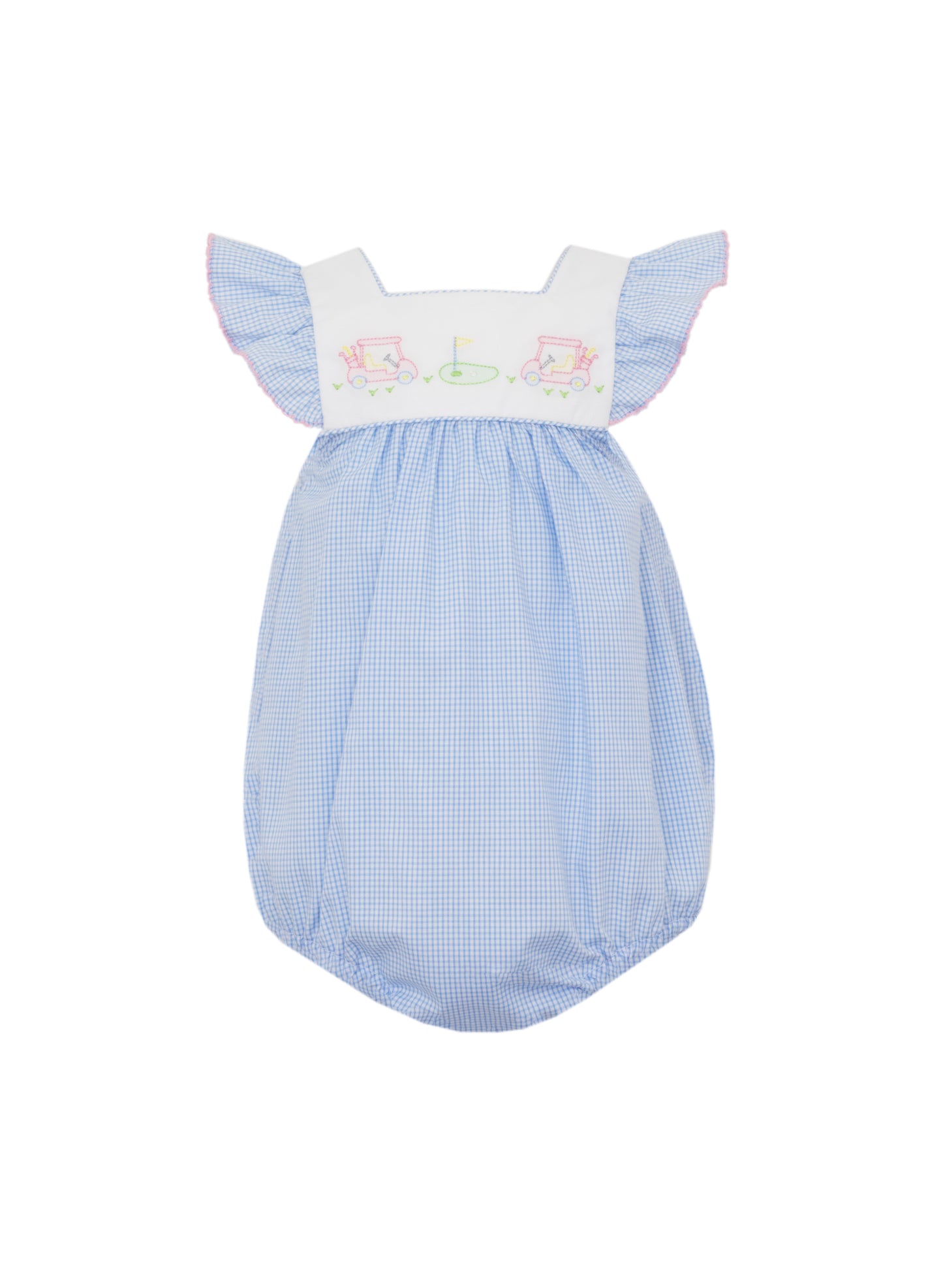 Anavini Baby Girls Blue Check Bubble - Flutter Sleeves - Embroidery Golf Theme