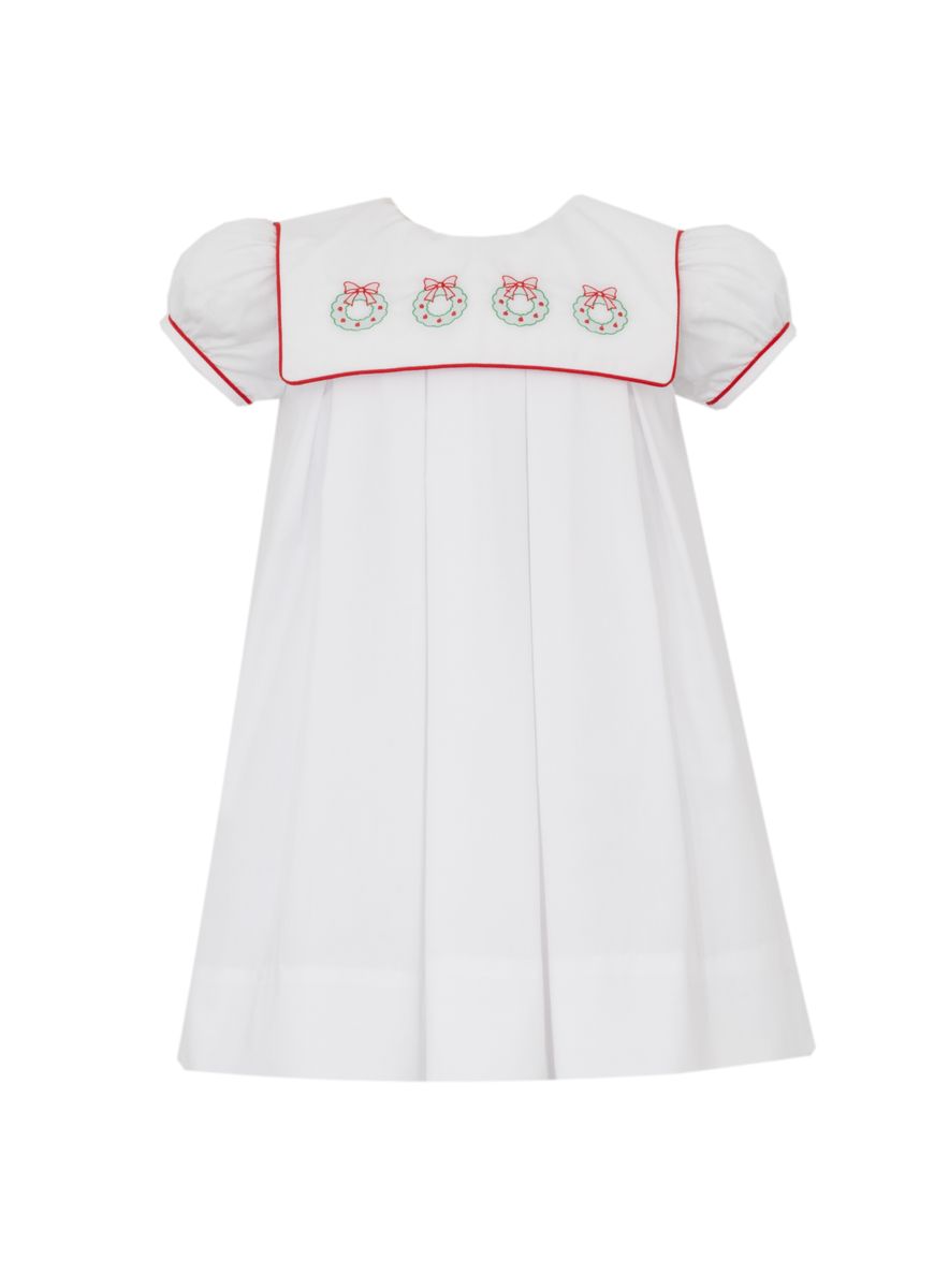 Anavini Girls White Holiday Wreaths Pleated Dress - White Square Collar 3T Anavini Girls White Holiday Wreaths Pleated Dress - White Square Collar 3T