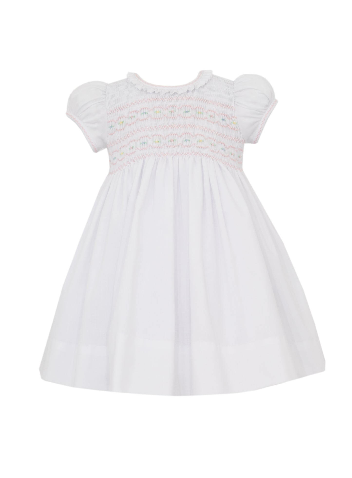 Anavini Girls White Swiss Batiste Dress - Smocked in Pastels