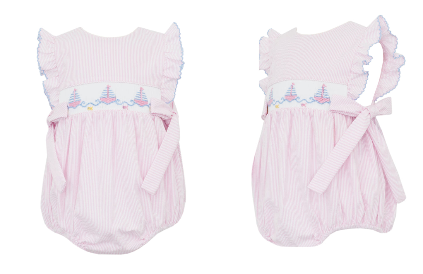 Anavini Baby Girls Pink Seersucker Smocked Sailboats Bubble - Side Bows