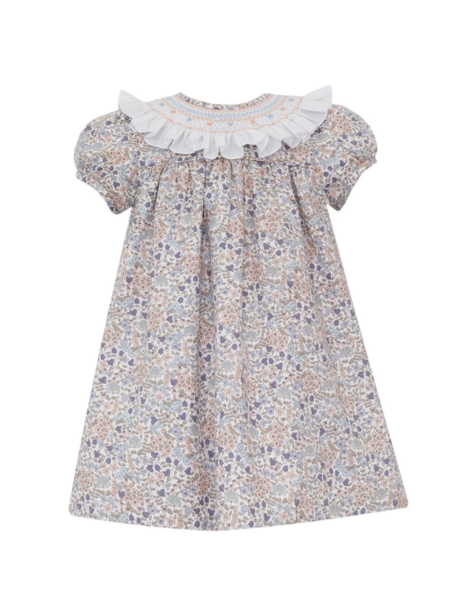 Anavini Girls Orange & Blue Liberty Floral Print Dress - Smocked Collar