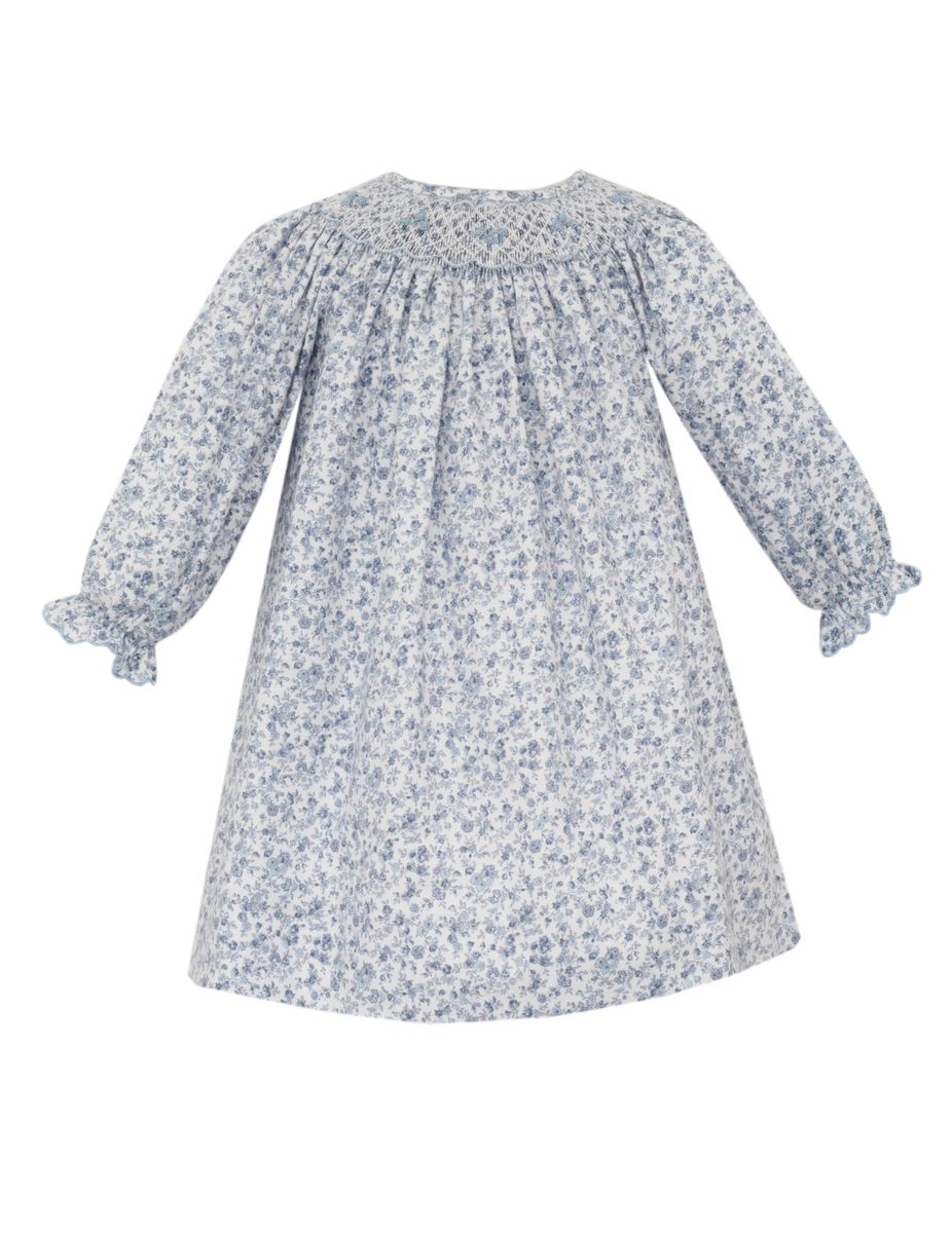 Anavini Girls Blue Liberty Floral Smocked Dress - Long Sleeves - Bishop