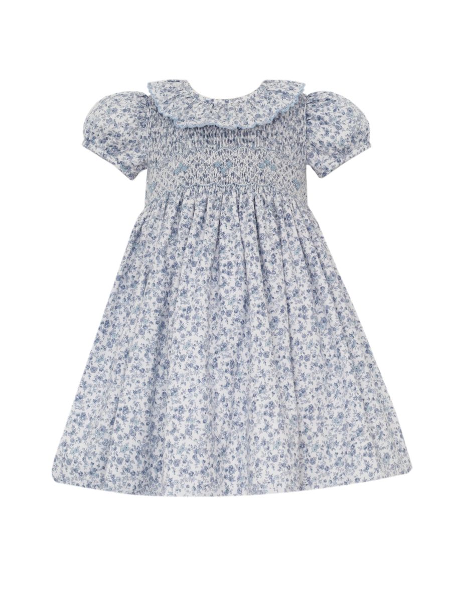 Anavini Girls Blue Liberty Floral Smocked Bodice Dress - Ruffle Collar