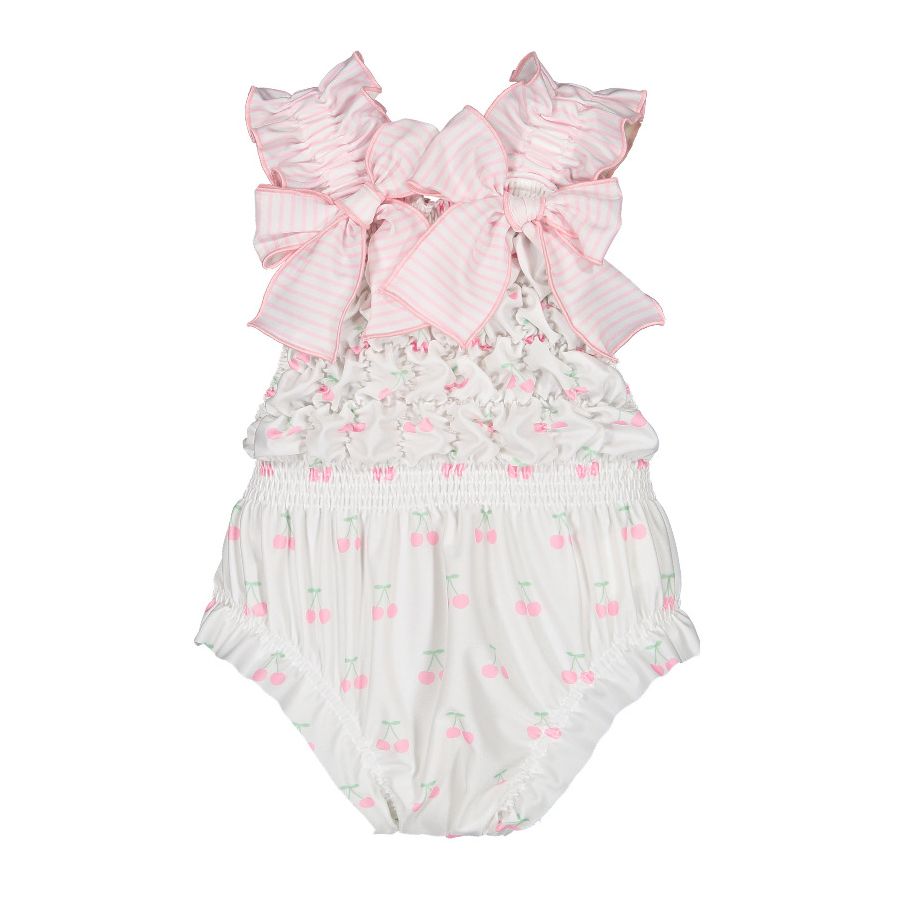 Sal & Pimenta Girls Pink Cherries Frilled Swimsuit - Bows on Straps