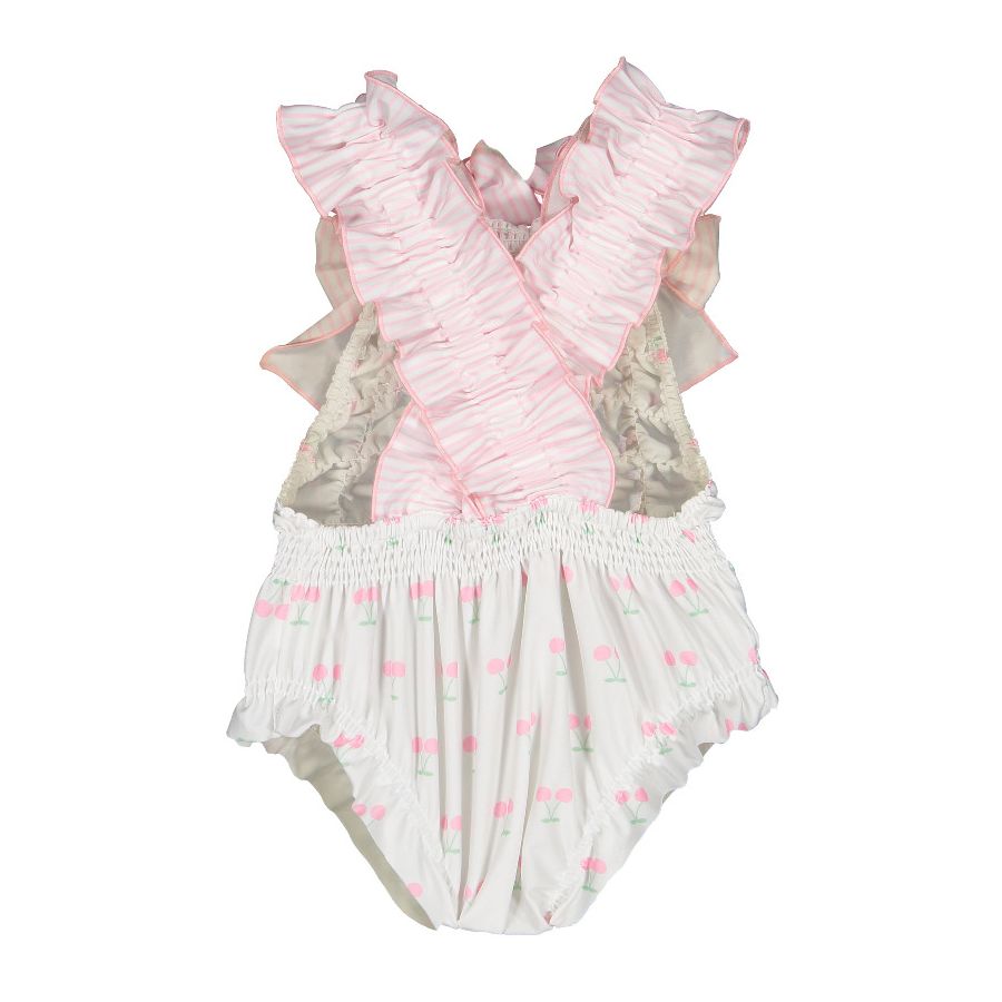 Sal & Pimenta Girls Pink Cherries Frilled Swimsuit - Bows on Straps