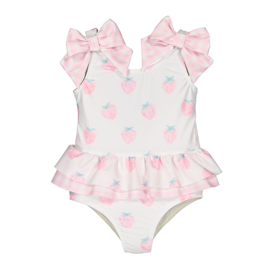 Sal & Pimenta Girls Pink Strawberries Swimsuit - Check Bows at Shoulders & Back
