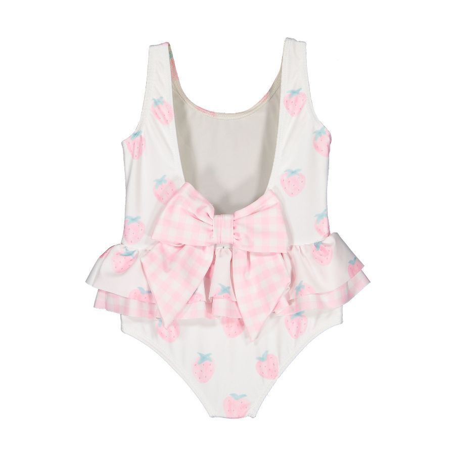 Sal & Pimenta Girls Pink Strawberries Swimsuit - Check Bows at Shoulders & Back