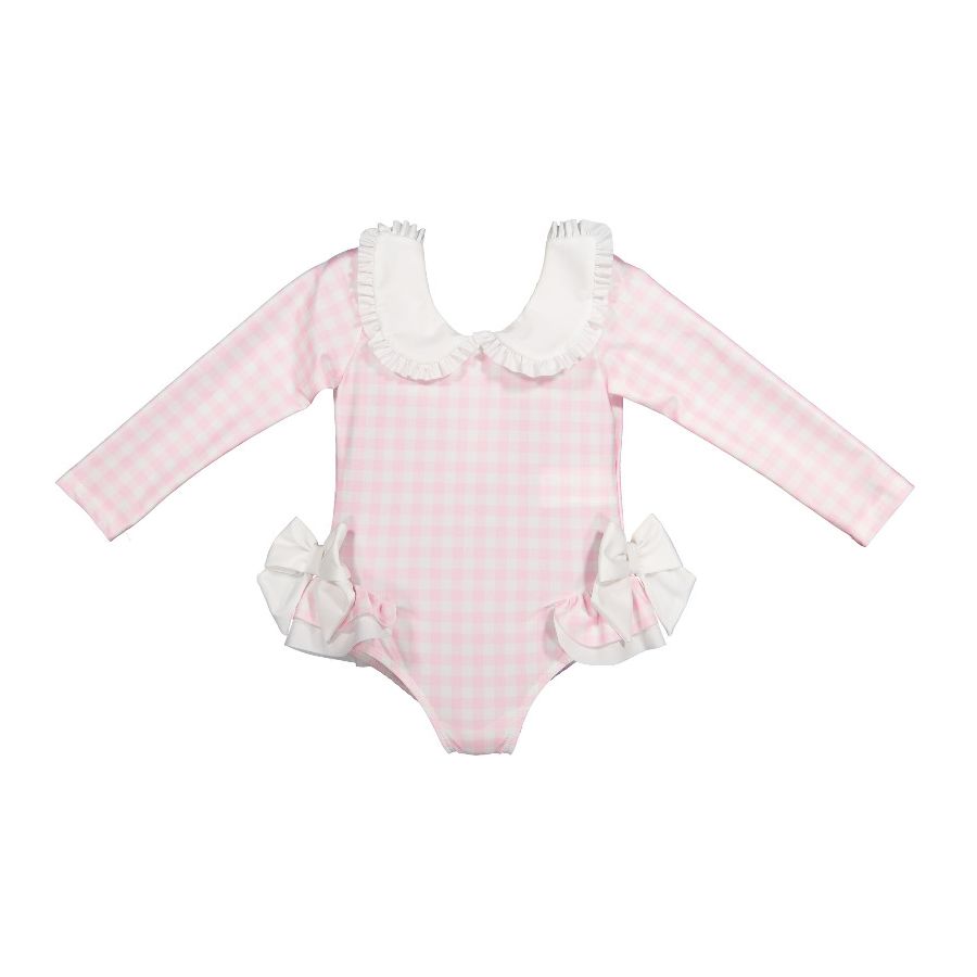 Sal & Pimenta Girls Long Sleeve Rash Guard Swimsuit - Pink Gingham
