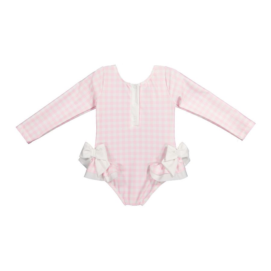 Sal & Pimenta Girls Long Sleeve Rash Guard Swimsuit - Pink Gingham