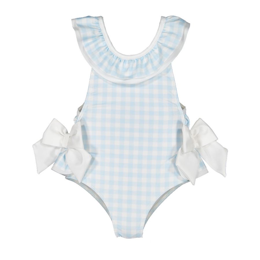 Sal & Pimenta Girls Gingham Swimsuit - Bows on Hips - Blue