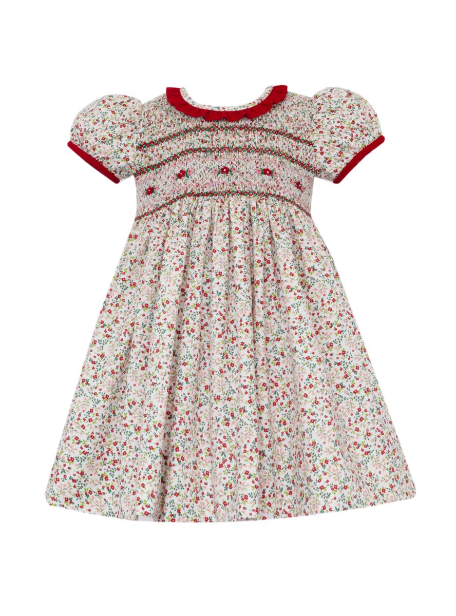 Anavini Girls Red Holiday Liberty Floral Print Smocked Dress - Red Ruffle Collar