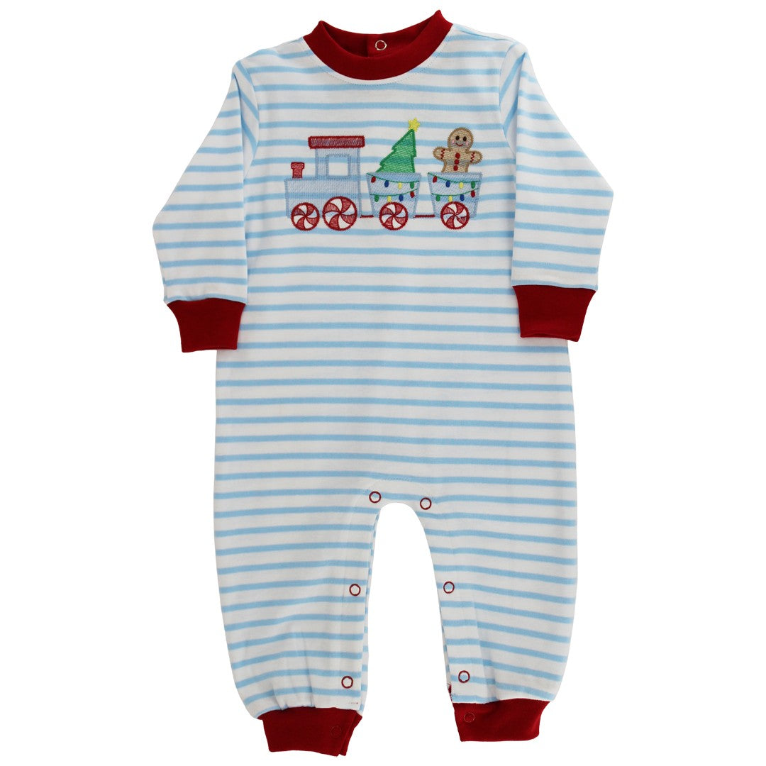 Bailey Boys Baby Knit Romper - Blue Striped Gingerbread Christmas Train by Bailey Boys