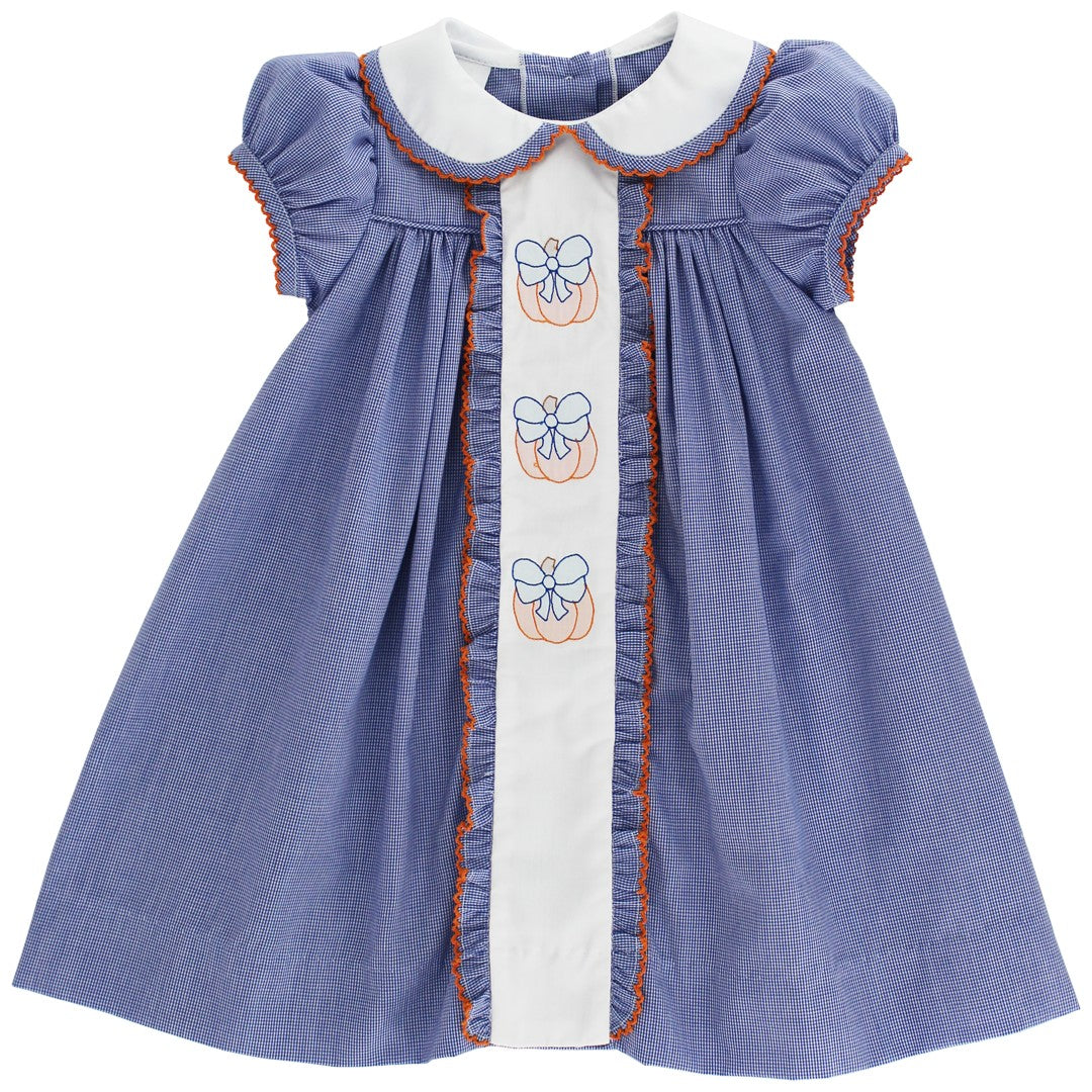 Bailey Boys Toddler Girls Blue Check Embroidered Pretty Pumpkins Float Dress by Bailey Boys