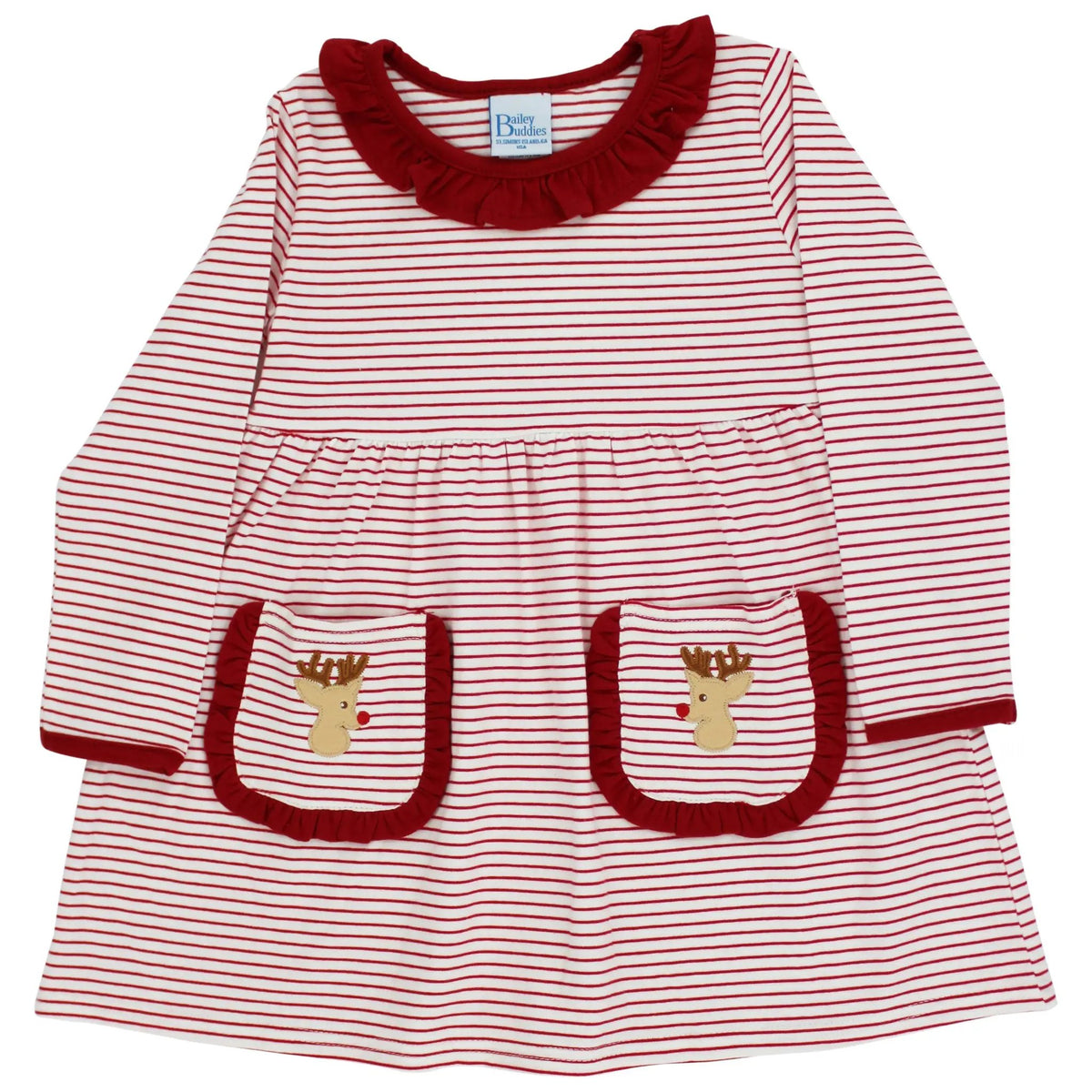 Bailey Boys Buddies Girls Red Striped Knit Dress - Reindeer Pockets by Bailey Boys