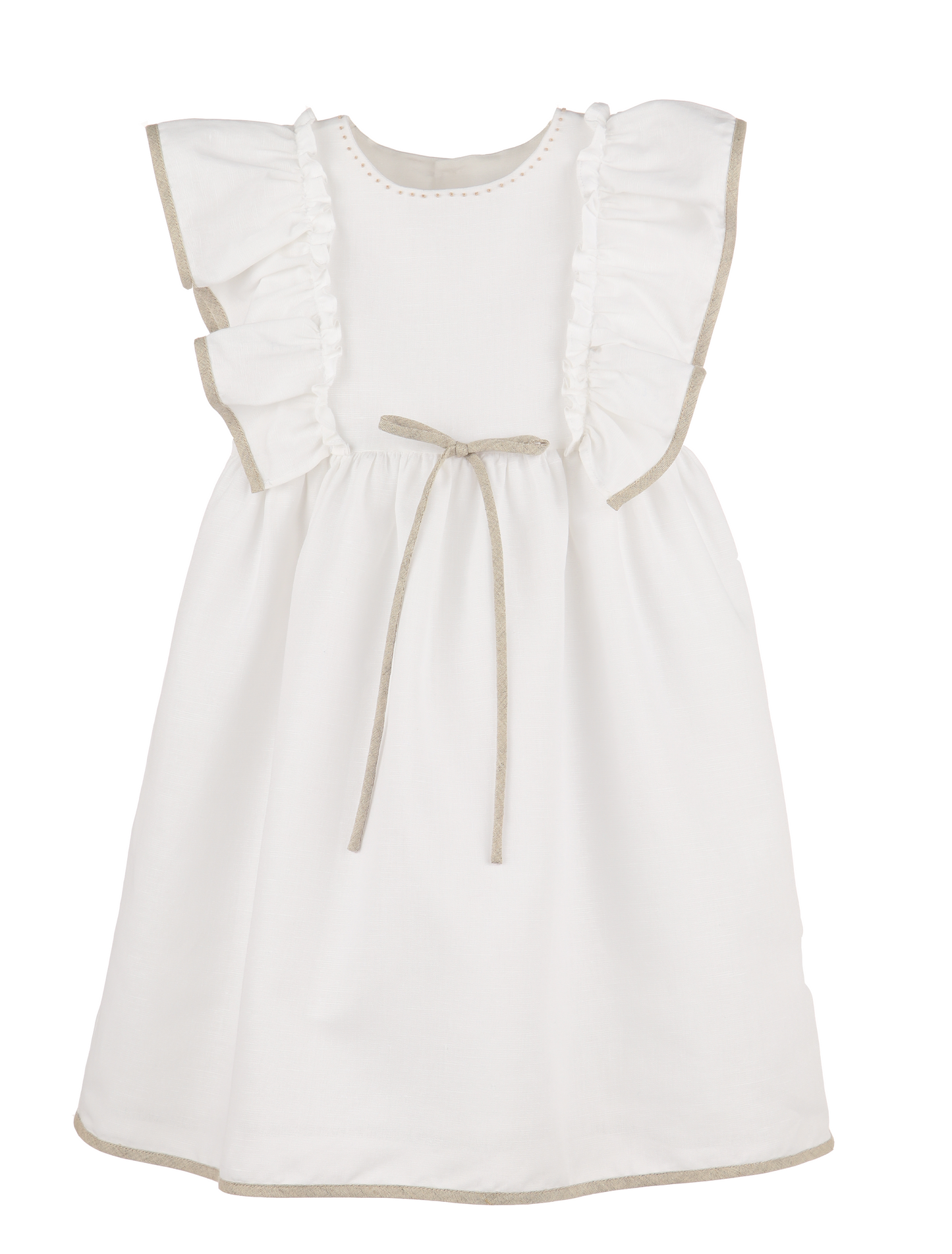 Luli & Me Girls Ivory Linen Blend Ruffles Dress - Tan Trim & Tie by Luli & Me
