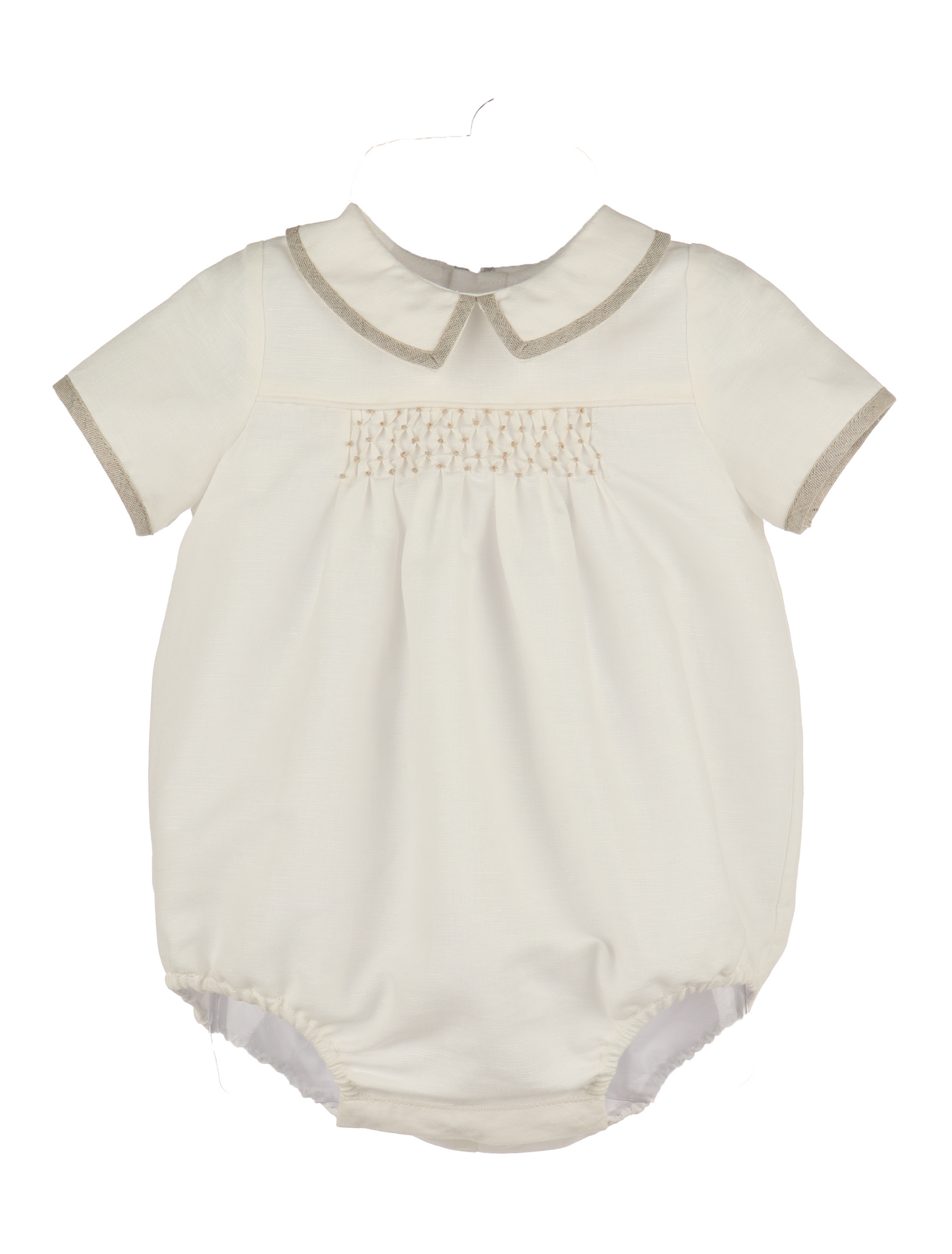 Luli & Me Baby Boys Ivory Linen Blend Honey Comb Smocked Bubble by Luli & Me