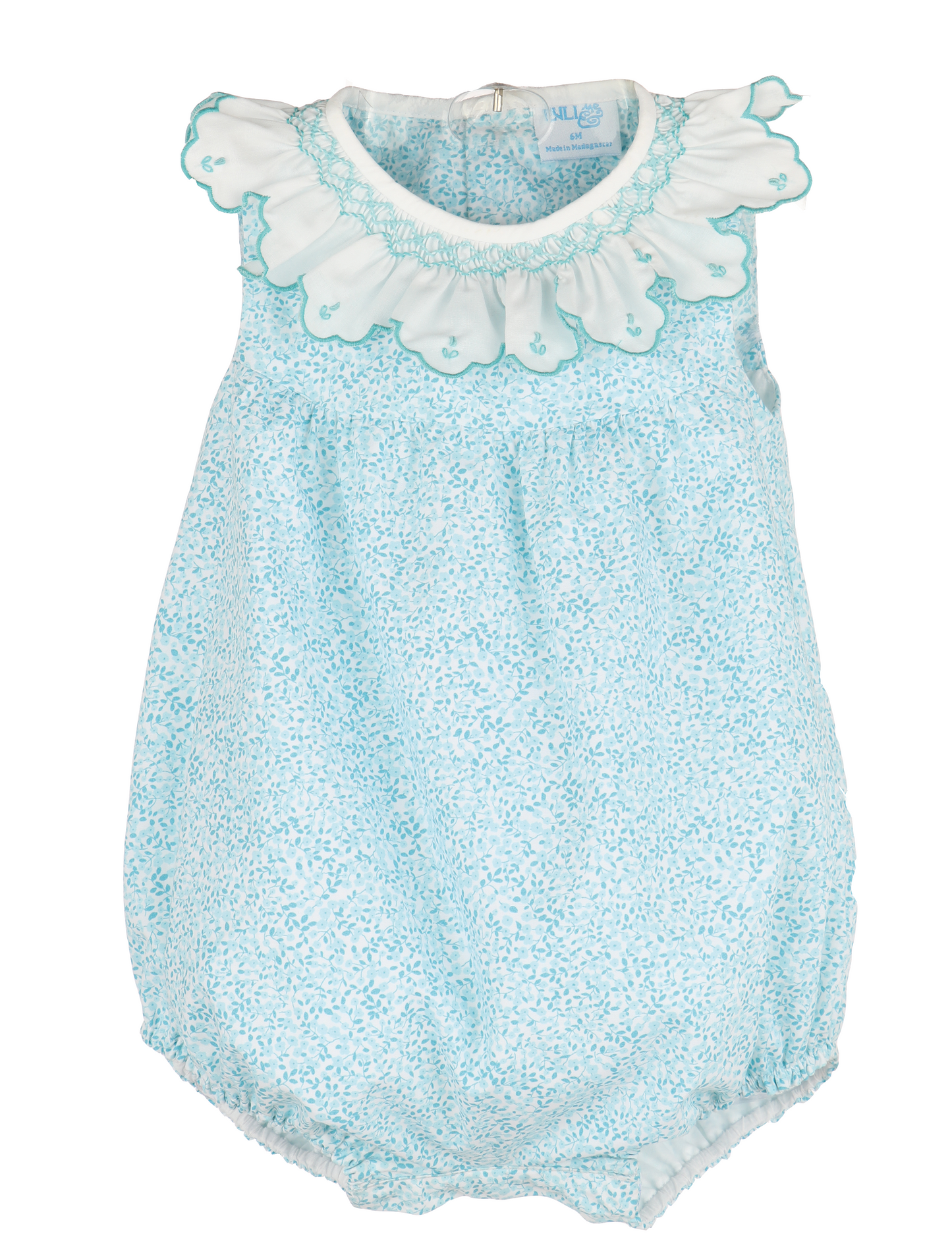 Luli & Me Girls Turquoise Blue Mini Floral Print Bubble - Smocked Ruffle Collar by Luli & Me
