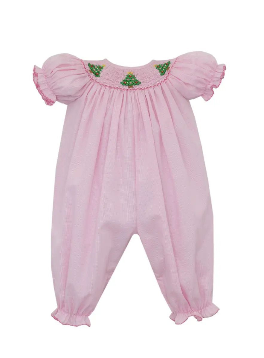 Petit Bebe Girls Pink Microcheck Xmas Trees Bishop Bubble by Petit Bebe