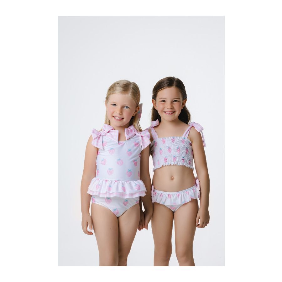 Sal & Pimenta Girls Pink Strawberries Swimsuit - Check Bows at Shoulders & Back