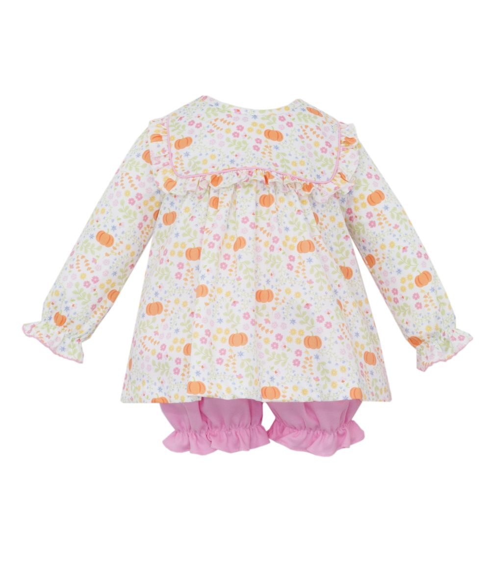 Claire & Charlie Girls Pink Bloomers with Pumpkins Print Square Collar Top by Claire & Charlie