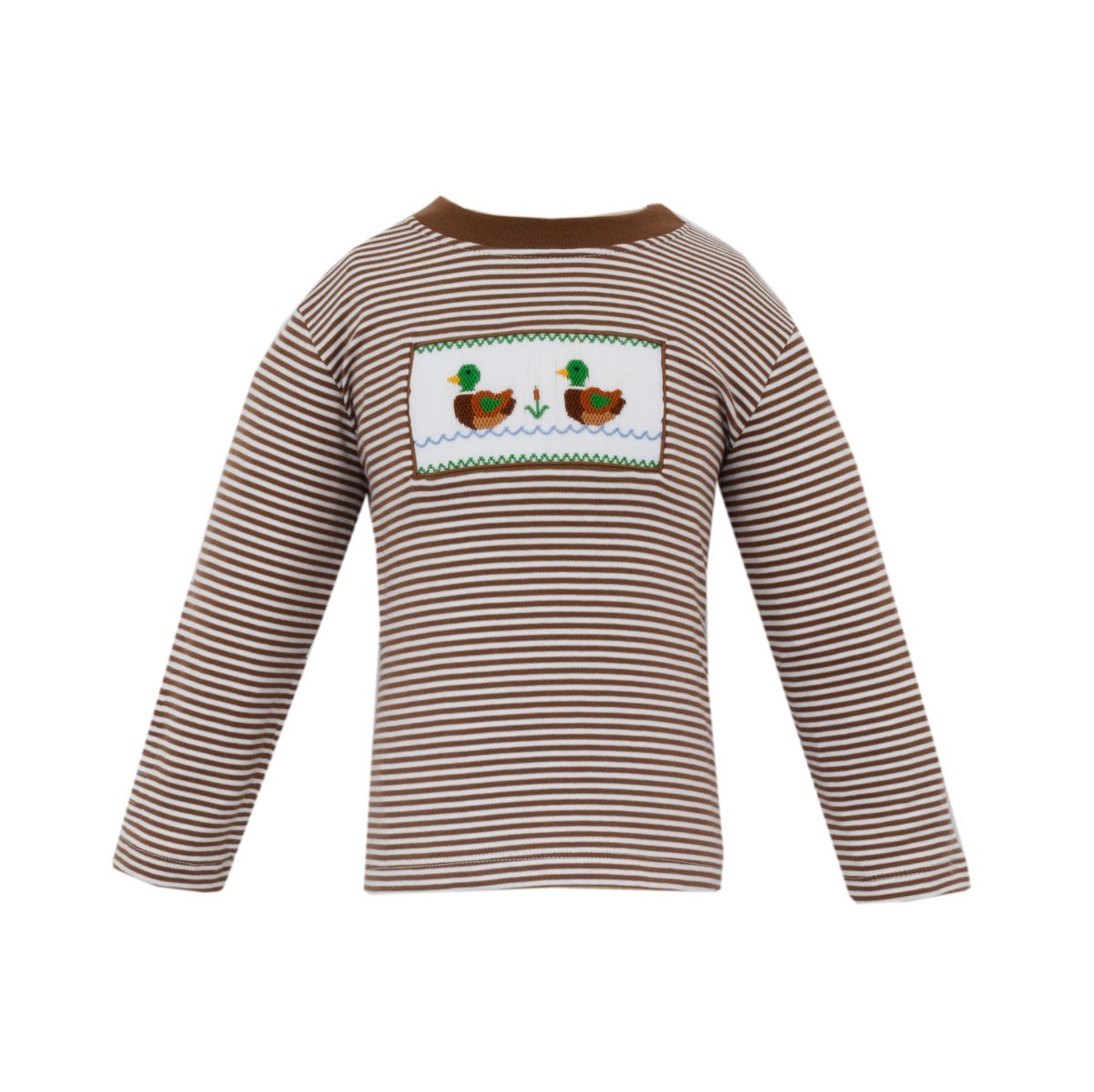 Anavini Boys Brown Striped Smocked Mallard Ducks Shirt by Anavini