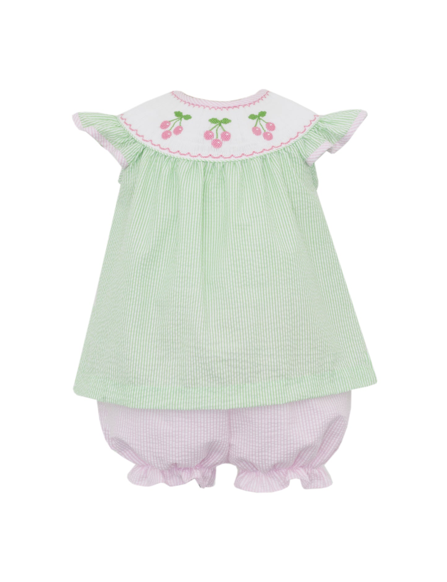 Anavini Girls Green & Pink Seersucker Stripe Smocked Cherries Bloomers Set