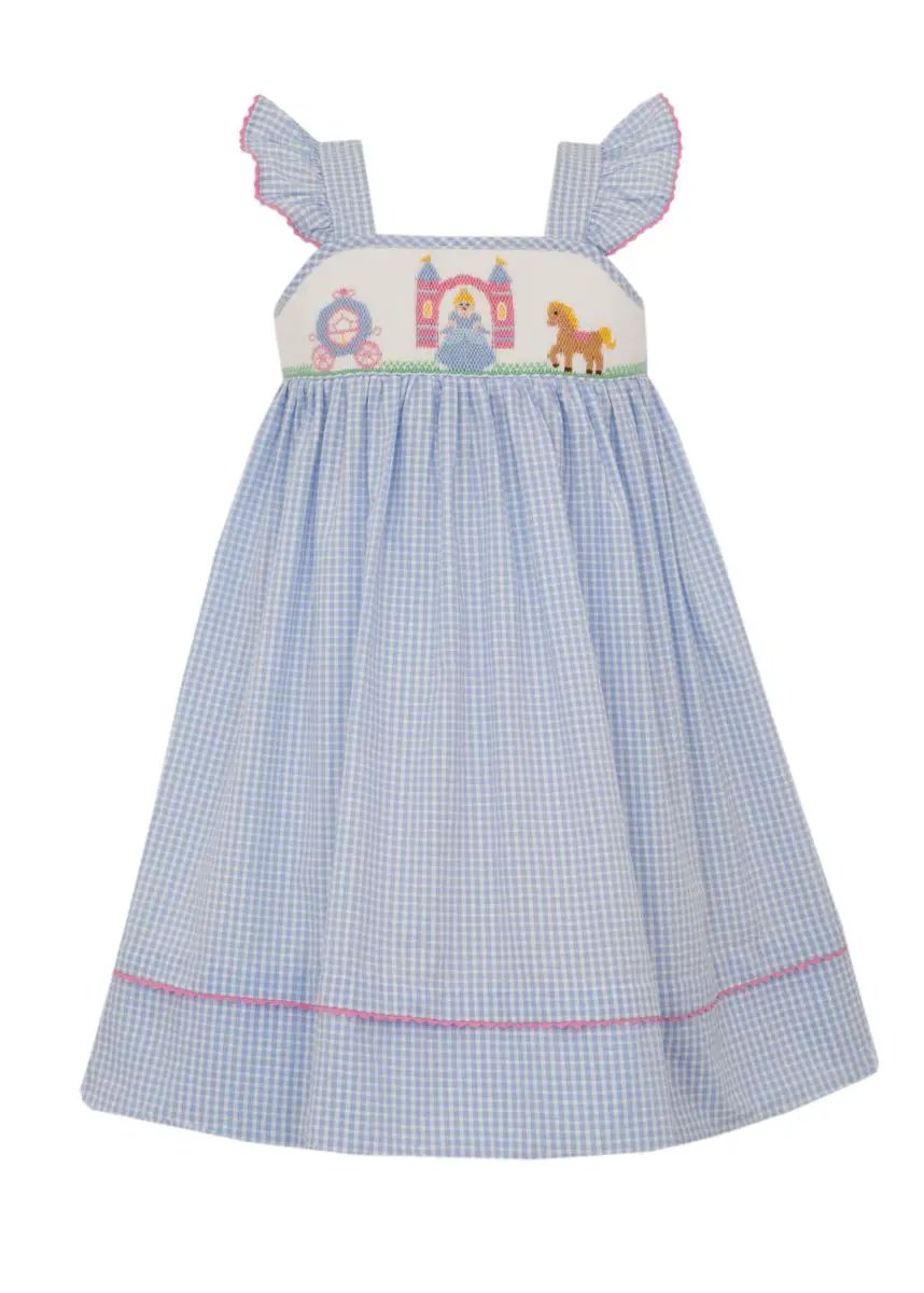 Anavini Girls Blue Check Smocked Princess Cinderella Carriage Dress by Anavini